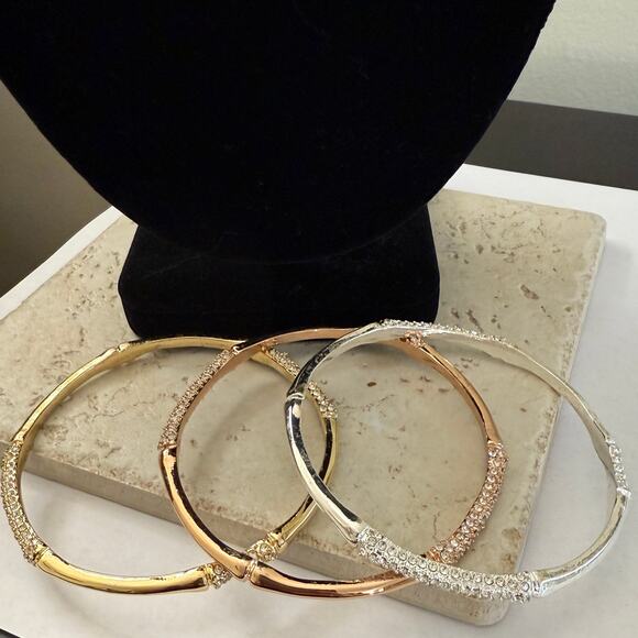 Napier Set of 3 Bangle Bracelet Set (Tri Tone- Rose, Gold, Silver) Slip on 3" - Picture 3 of 6